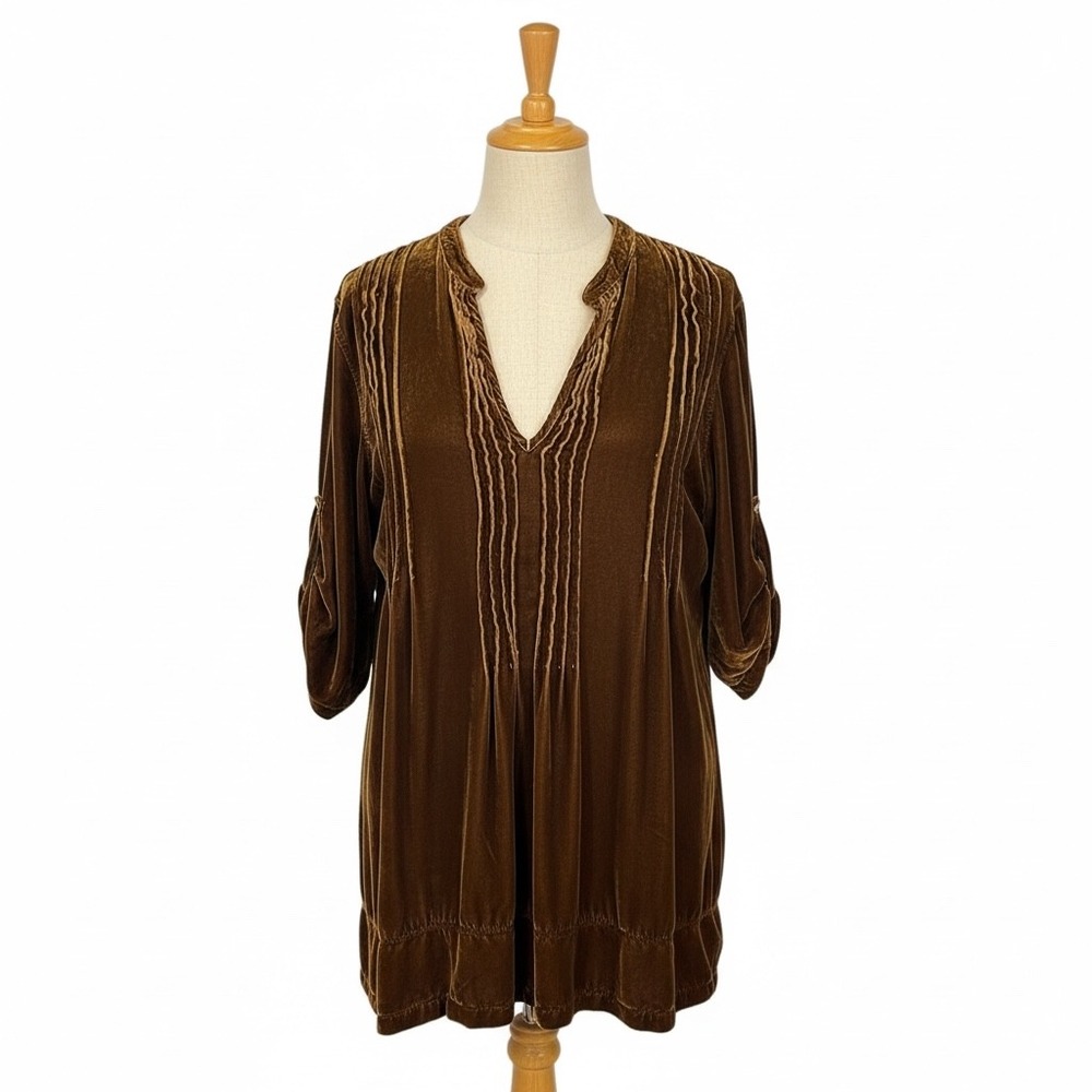 CP Shades Velvet Tunic Top Brown Silk‎ Blend Pintuck V-Neck Womens Size M
